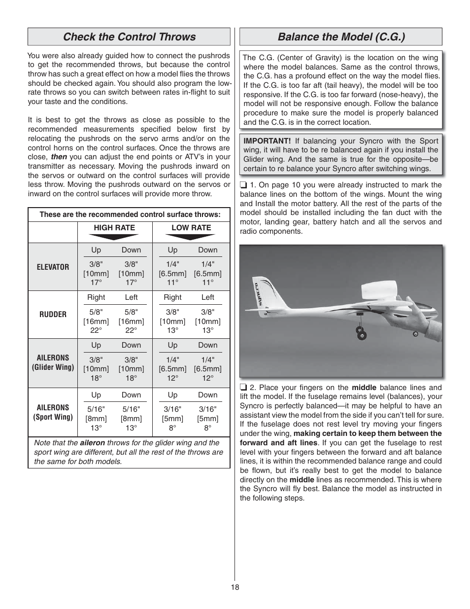 Check the control throws, Balance the model (c.g.) | Great Planes Syncro EDF - GPMA1581 User Manual | Page 18 / 24