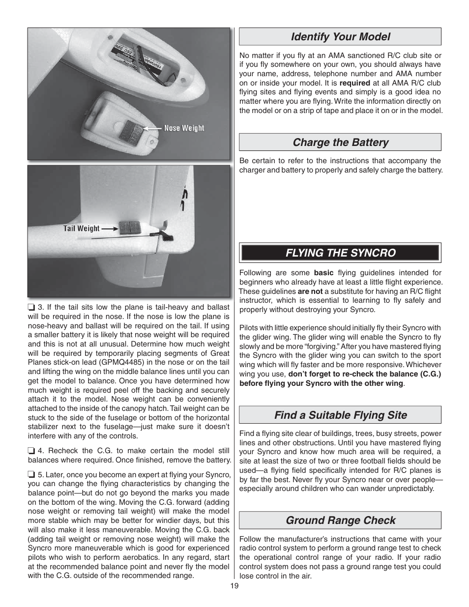 Identify your model, Charge the battery, Flying the syncro | Find a suitable flying site, Ground range check | Great Planes Syncro EDF - GPMA1581 User Manual | Page 19 / 24