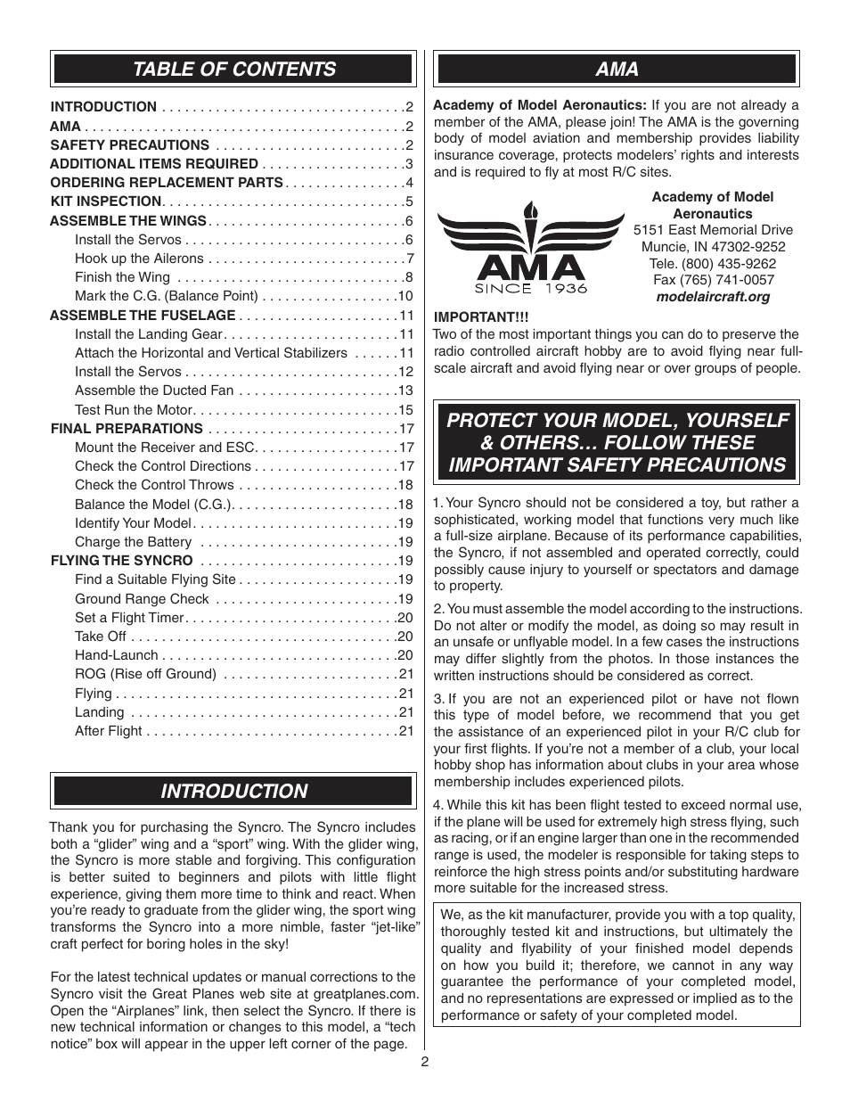 Great Planes Syncro EDF - GPMA1581 User Manual | Page 2 / 24