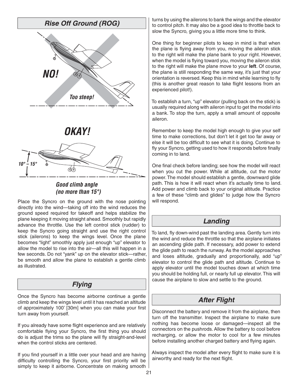 No! okay, Rise off ground (rog), Flying | Landing, After flight | Great Planes Syncro EDF - GPMA1581 User Manual | Page 21 / 24