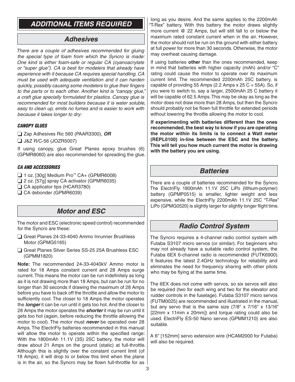 Additional items required adhesives, Motor and esc, Batteries | Radio control system | Great Planes Syncro EDF - GPMA1581 User Manual | Page 3 / 24