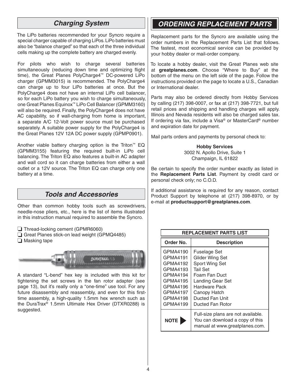 Charging system, Tools and accessories, Ordering replacement parts | Great Planes Syncro EDF - GPMA1581 User Manual | Page 4 / 24