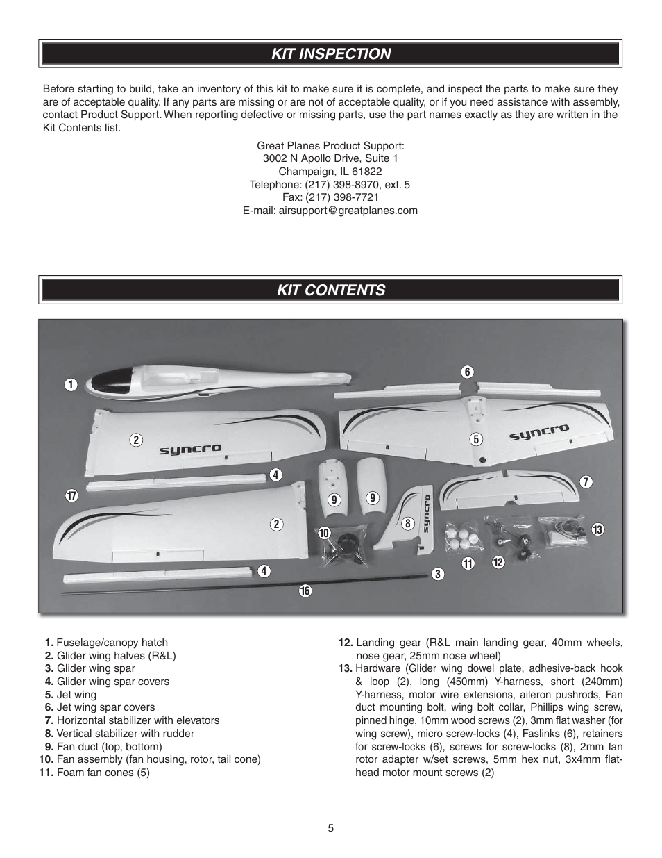 Kit contents, Kit inspection | Great Planes Syncro EDF - GPMA1581 User Manual | Page 5 / 24