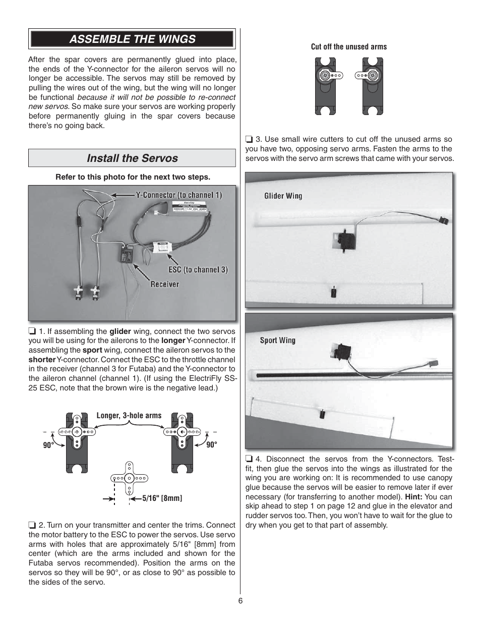 Assemble the wings, Install the servos | Great Planes Syncro EDF - GPMA1581 User Manual | Page 6 / 24