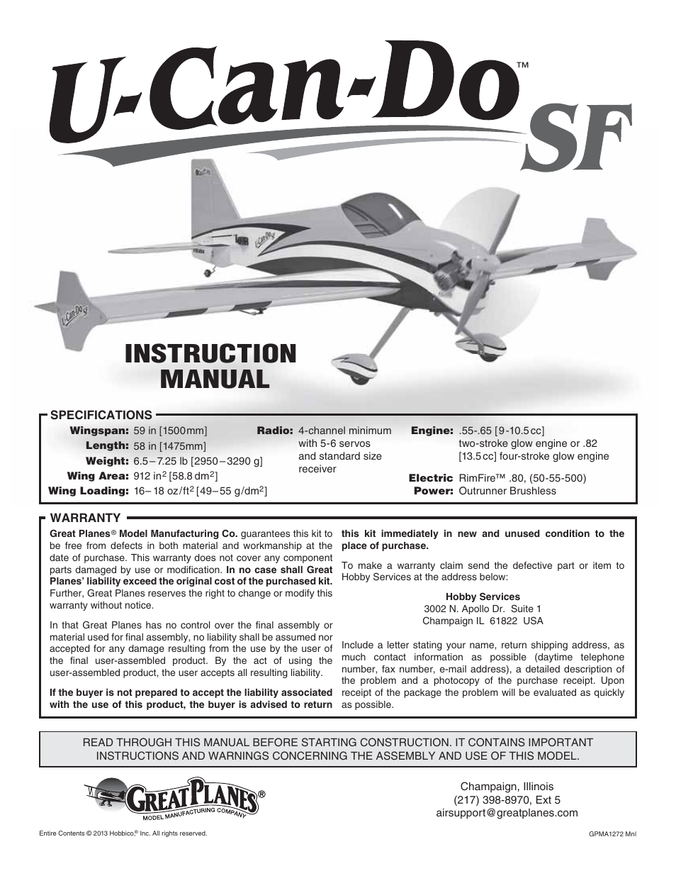 Great Planes U-Can-Do SF EP/GP .80 ARF - GPMA1272 User Manual | 32 pages