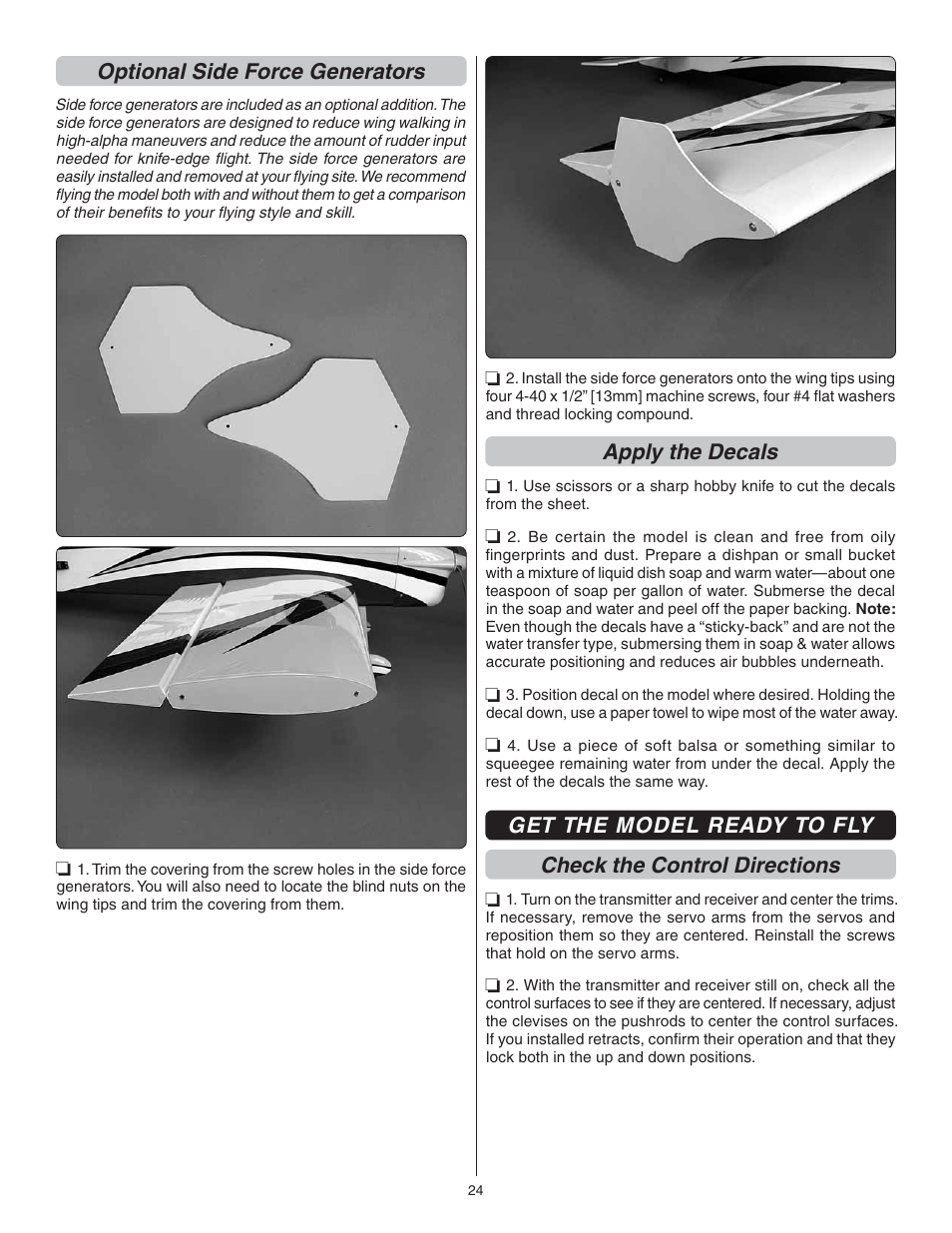 Optional side force generators, Apply the decals | Great Planes U-Can-Do SF EP/GP .80 ARF - GPMA1272 User Manual | Page 24 / 32