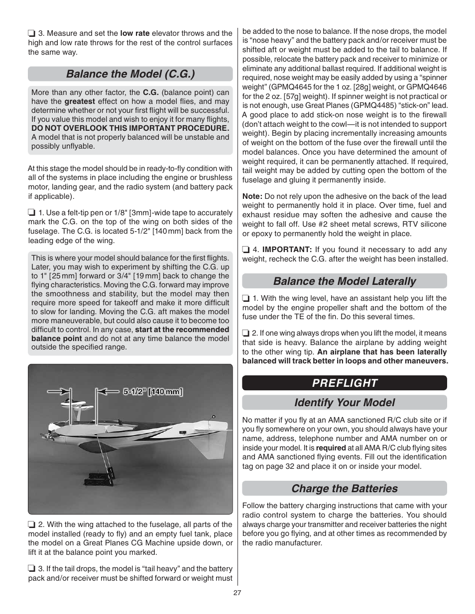 Balance the model (c.g.), Balance the model laterally, Preflight identify your model | Charge the batteries | Great Planes U-Can-Do SF EP/GP .80 ARF - GPMA1272 User Manual | Page 27 / 32