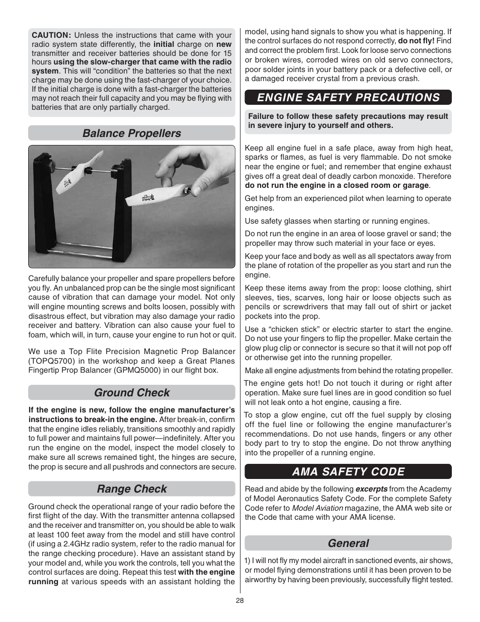 Balance propellers, Ground check, Range check | Engine safety precautions, Ama safety code, General | Great Planes U-Can-Do SF EP/GP .80 ARF - GPMA1272 User Manual | Page 28 / 32