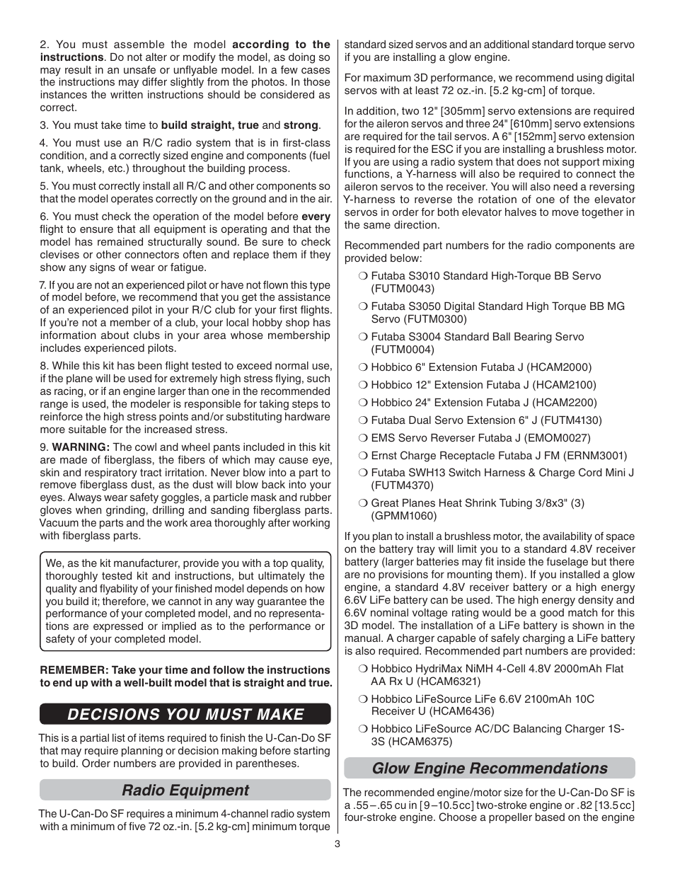 Decisions you must make, Radio equipment, Glow engine recommendations | Great Planes U-Can-Do SF EP/GP .80 ARF - GPMA1272 User Manual | Page 3 / 32