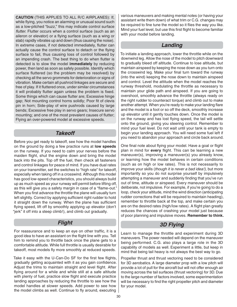 Takeoff, Flight, Landing | 3d flying | Great Planes U-Can-Do SF EP/GP .80 ARF - GPMA1272 User Manual | Page 30 / 32