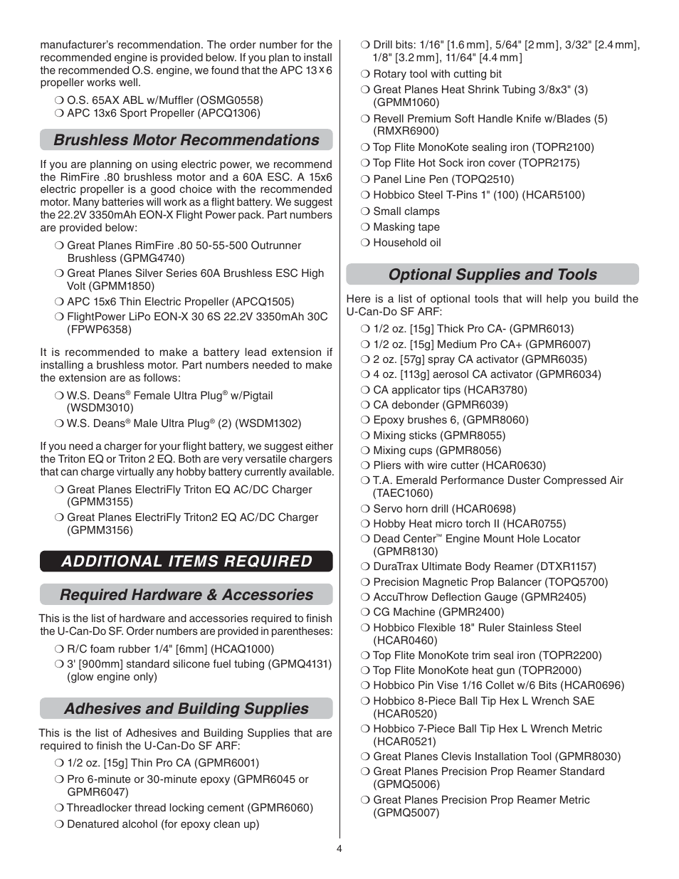 Brushless motor recommendations, Adhesives and building supplies, Optional supplies and tools | Great Planes U-Can-Do SF EP/GP .80 ARF - GPMA1272 User Manual | Page 4 / 32