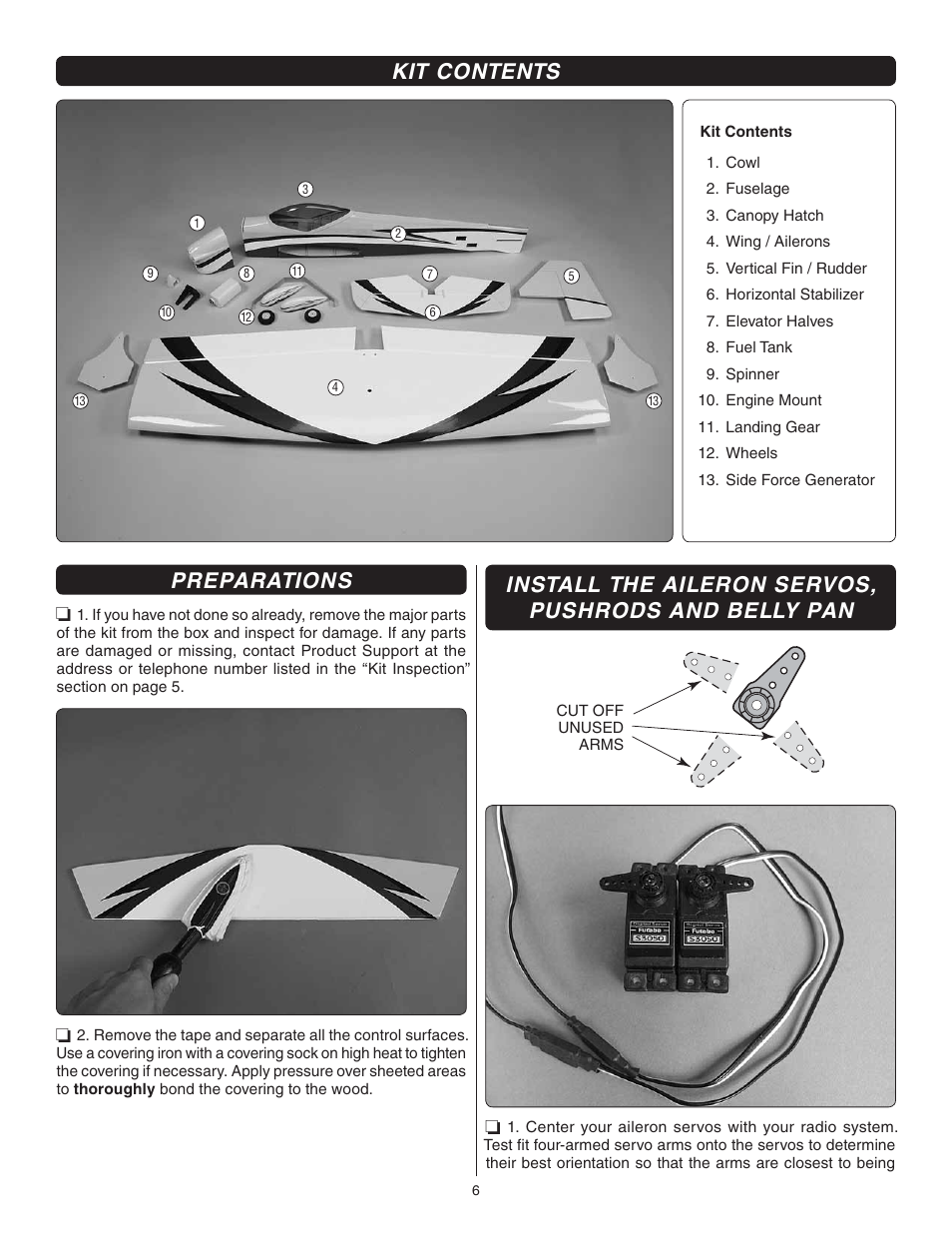 Preparations, Install the aileron servos, pushrods and belly pan, Kit contents | Great Planes U-Can-Do SF EP/GP .80 ARF - GPMA1272 User Manual | Page 6 / 32