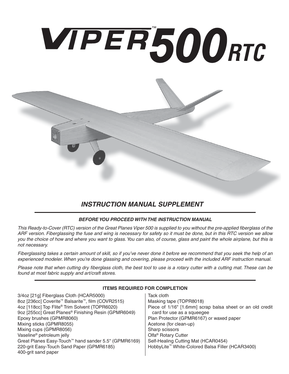 Great Planes Viper 500 RTC - GPMA1267 User Manual | 4 pages