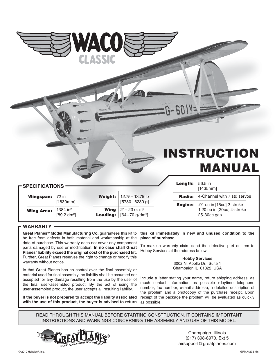 Great Planes Waco YMF-5D Biplane ARF - GPMA1295 User Manual | 40 pages