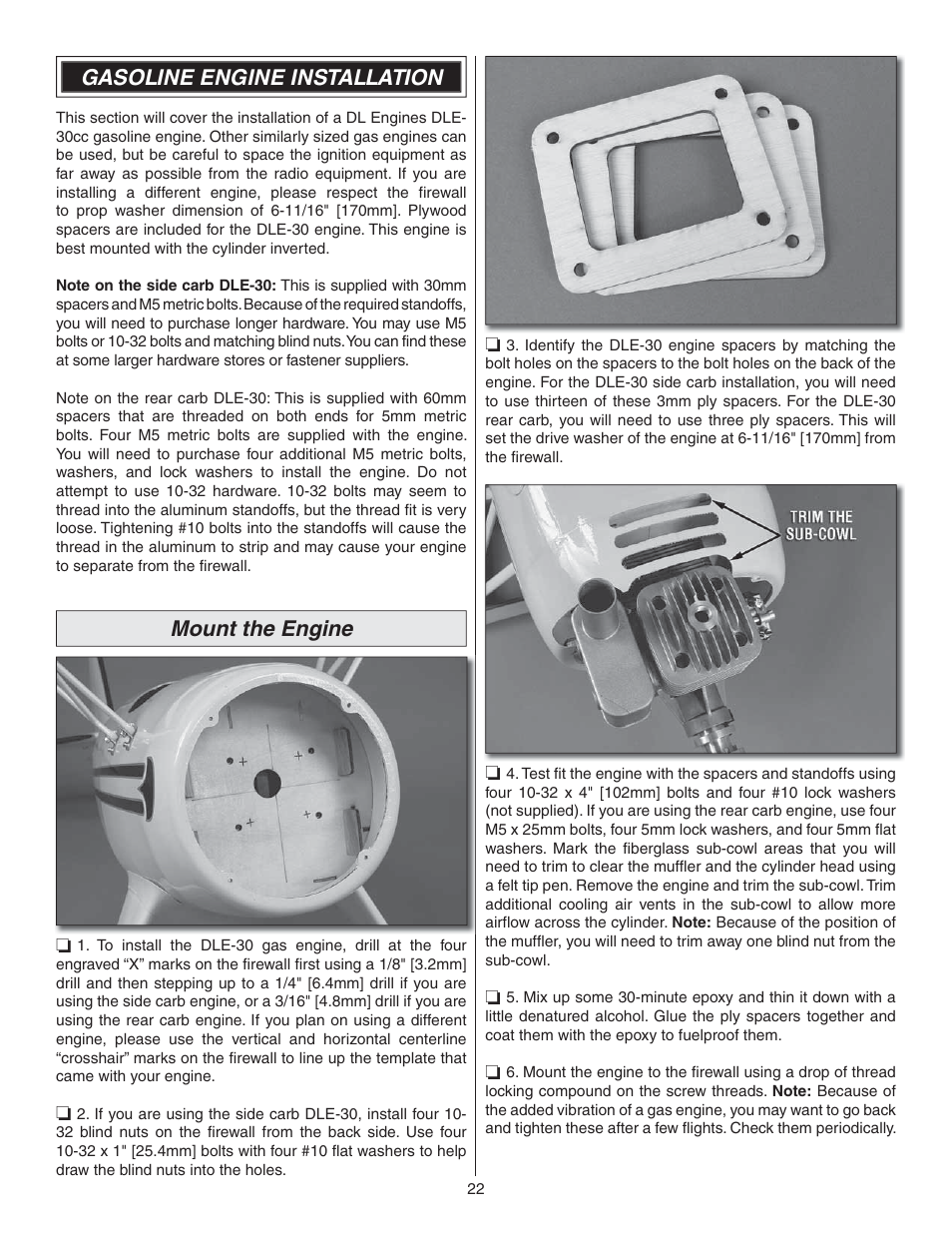 Gasoline engine installation, Mount the engine | Great Planes Waco YMF-5D Biplane ARF - GPMA1295 User Manual | Page 22 / 40