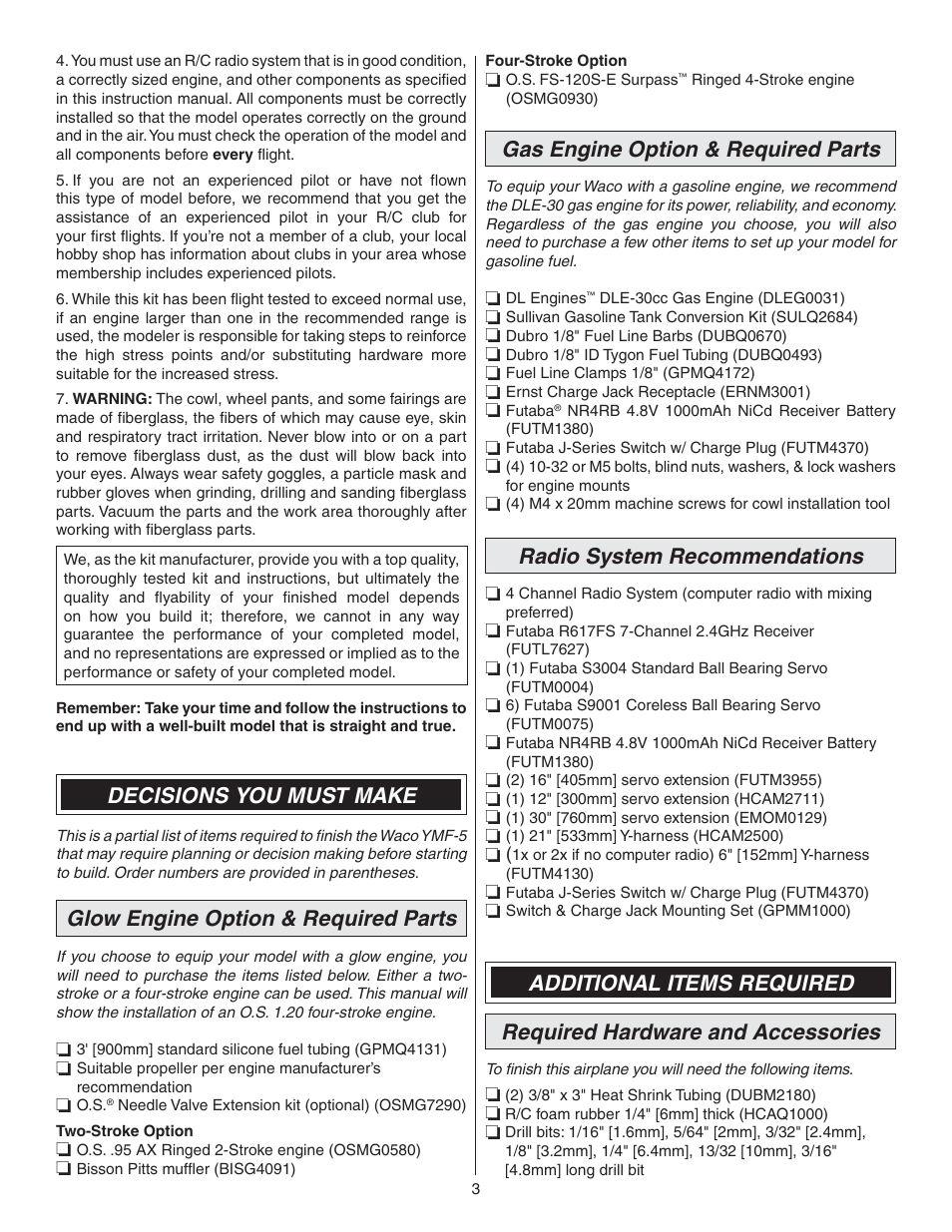 Decisions you must make, Glow engine option & required parts, Gas engine option & required parts | Radio system recommendations | Great Planes Waco YMF-5D Biplane ARF - GPMA1295 User Manual | Page 3 / 40