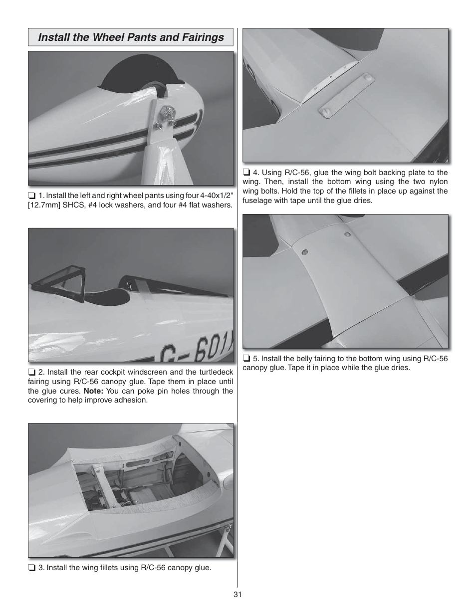 Install the wheel pants and fairings | Great Planes Waco YMF-5D Biplane ARF - GPMA1295 User Manual | Page 31 / 40