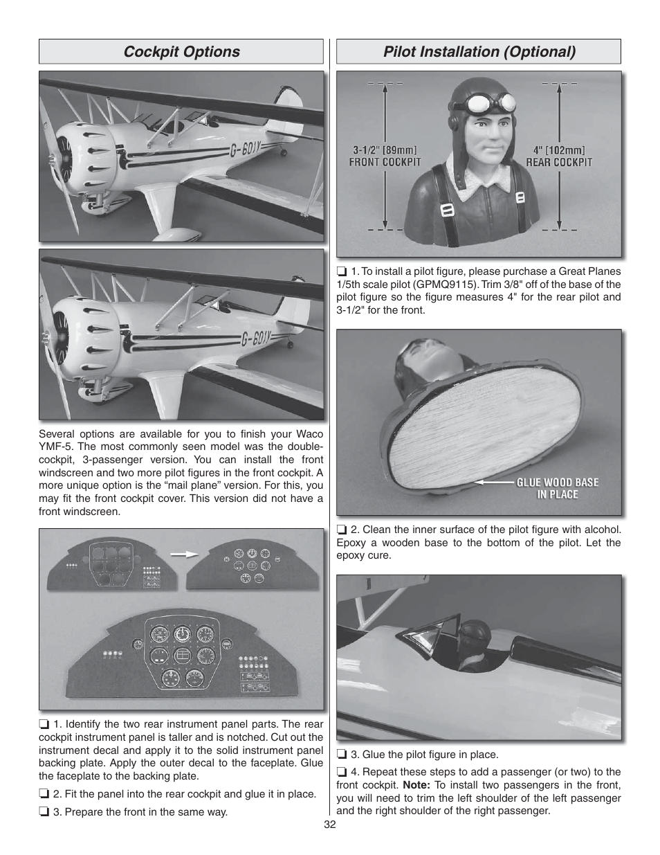 Cockpit options, Pilot installation (optional) | Great Planes Waco YMF-5D Biplane ARF - GPMA1295 User Manual | Page 32 / 40