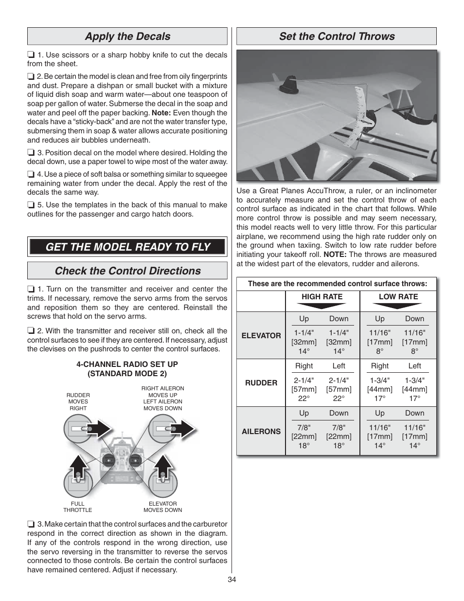 Apply the decals, Set the control throws | Great Planes Waco YMF-5D Biplane ARF - GPMA1295 User Manual | Page 34 / 40