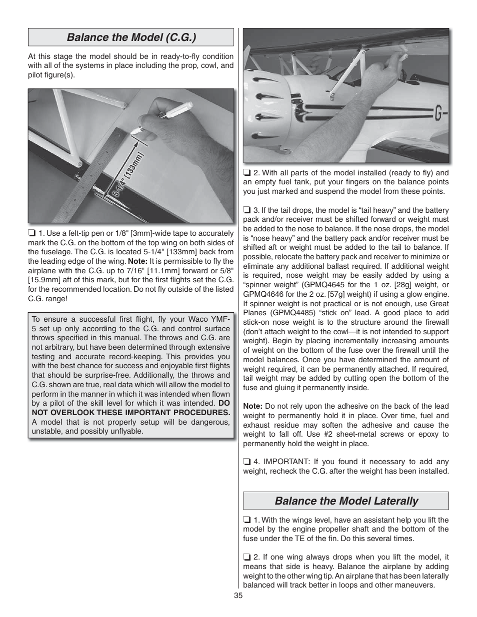 Balance the model (c.g.), Balance the model laterally | Great Planes Waco YMF-5D Biplane ARF - GPMA1295 User Manual | Page 35 / 40