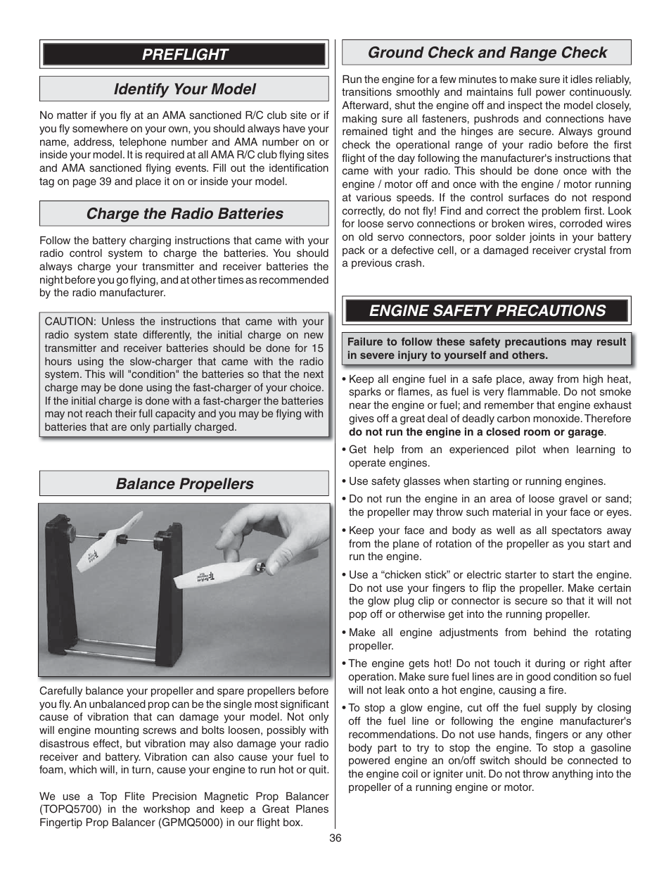 Preflight identify your model, Charge the radio batteries, Balance propellers | Ground check and range check, Engine safety precautions | Great Planes Waco YMF-5D Biplane ARF - GPMA1295 User Manual | Page 36 / 40