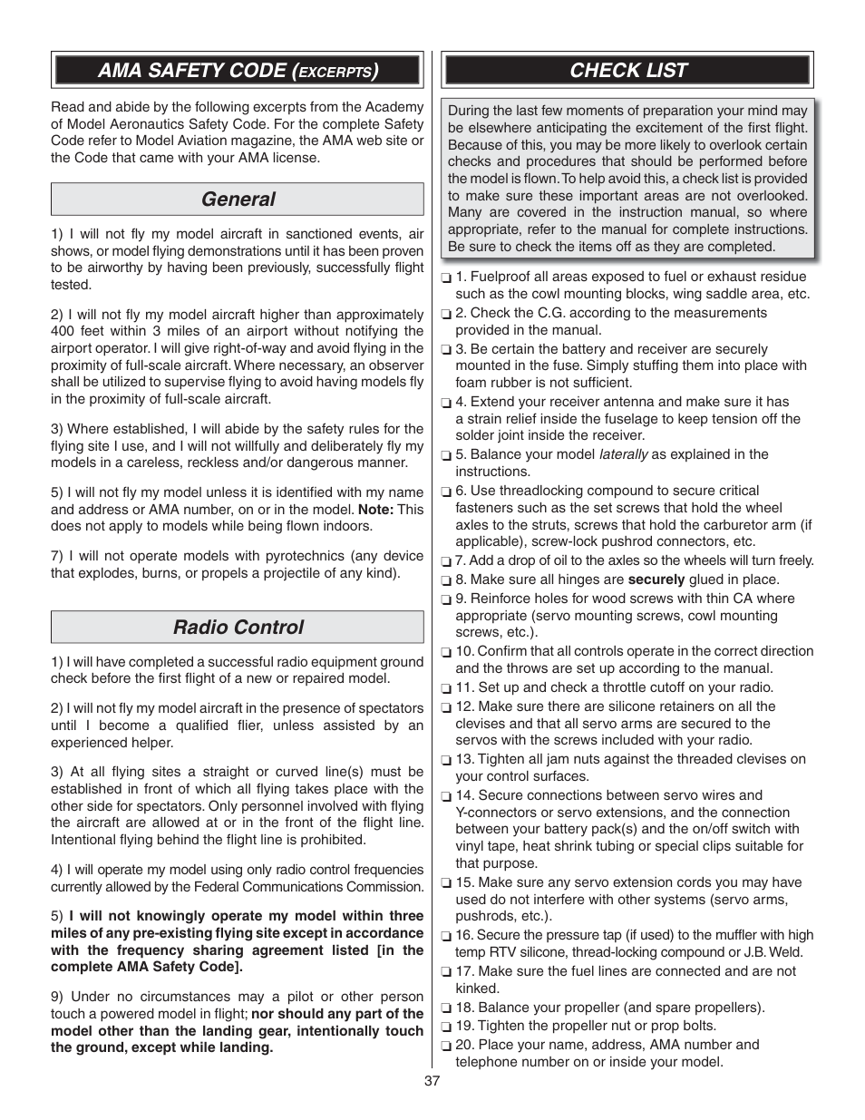 Ama safety code, General, Radio control | Check list | Great Planes Waco YMF-5D Biplane ARF - GPMA1295 User Manual | Page 37 / 40