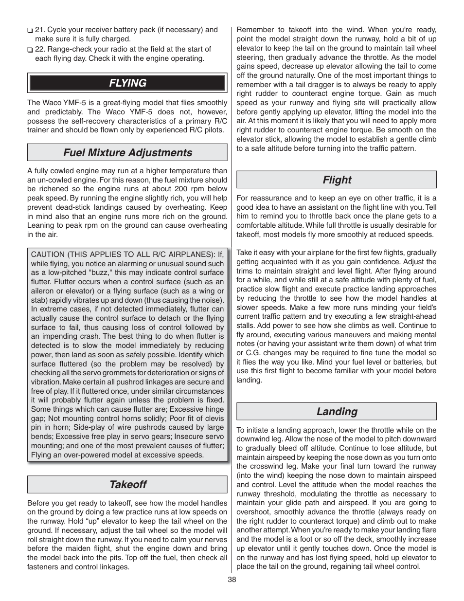 Flying, Fuel mixture adjustments, Takeoff | Flight, Landing | Great Planes Waco YMF-5D Biplane ARF - GPMA1295 User Manual | Page 38 / 40