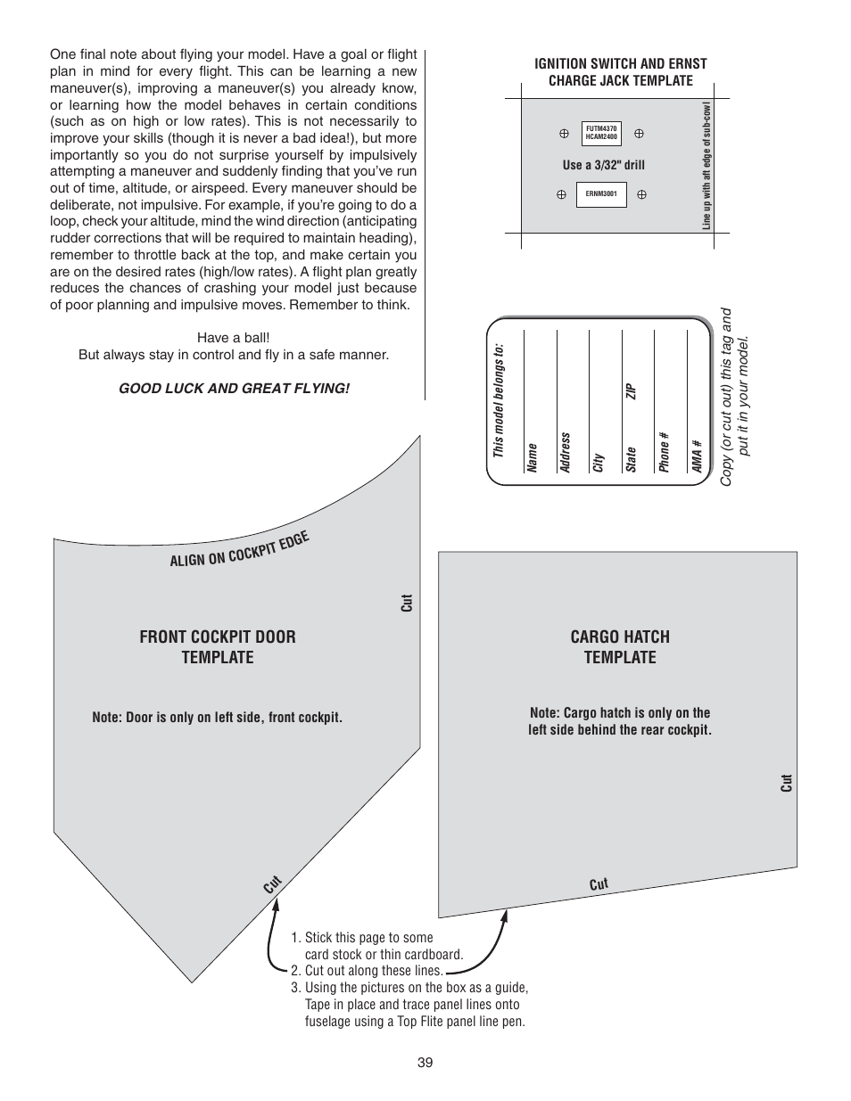 Front cockpit door template cargo hatch template | Great Planes Waco YMF-5D Biplane ARF - GPMA1295 User Manual | Page 39 / 40