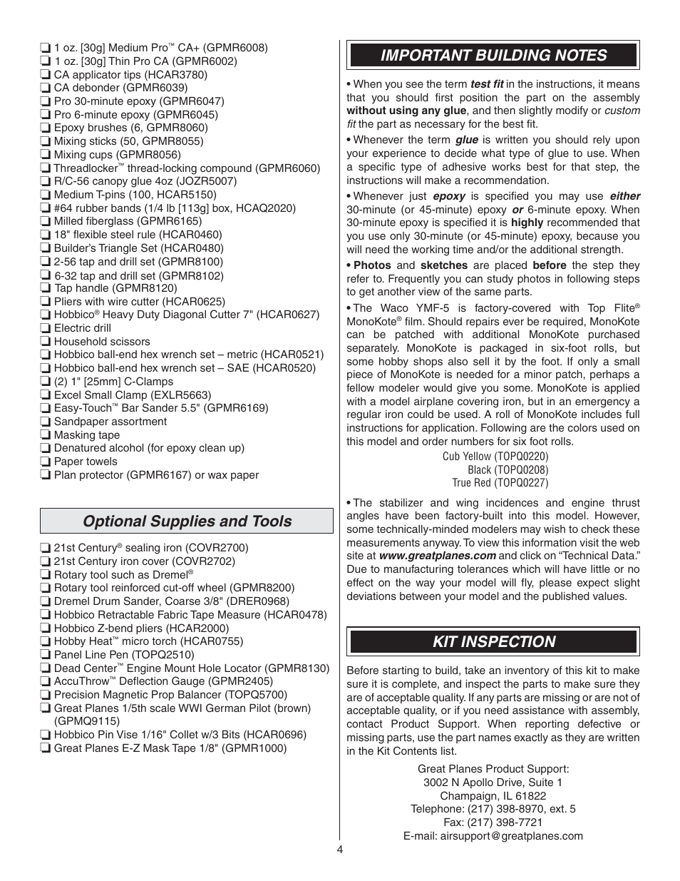 Optional supplies and tools, Kit inspection | Great Planes Waco YMF-5D Biplane ARF - GPMA1295 User Manual | Page 4 / 40