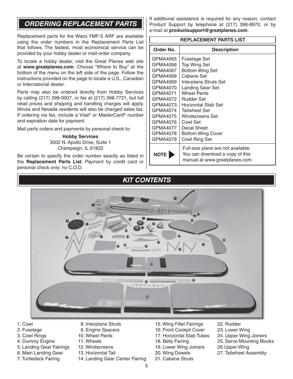 Ordering replacement parts, Kit contents, Or mastercard | Great Planes Waco YMF-5D Biplane ARF - GPMA1295 User Manual | Page 5 / 40