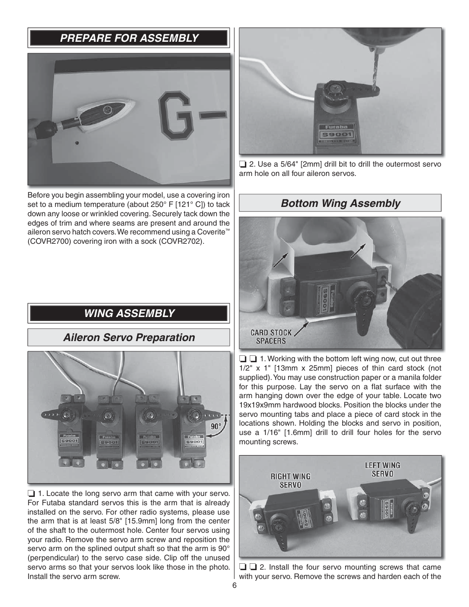 Prepare for assembly, Wing assembly aileron servo preparation, Bottom wing assembly | Great Planes Waco YMF-5D Biplane ARF - GPMA1295 User Manual | Page 6 / 40