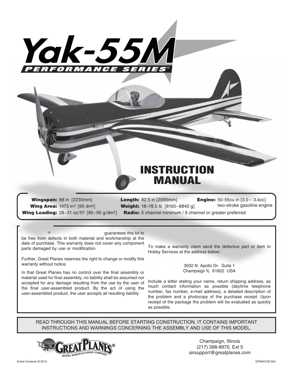 Great Planes Yak-55M 50-55cc Sport / 3D ARF - GPMA1230 User Manual | 32 pages