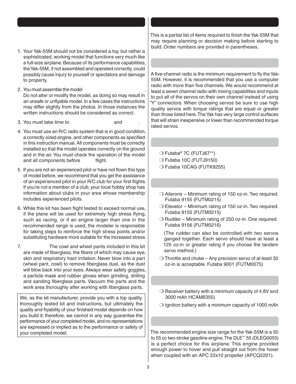 Safety precautions, Decisions you must make, Radio equipment | Radio recommendations, Servo recommendations, Battery recommendations, Engine recommendations | Great Planes Yak-55M 50-55cc Sport / 3D ARF - GPMA1230 User Manual | Page 3 / 32