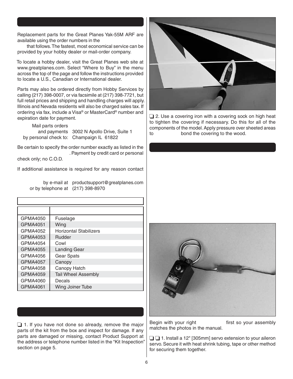 Ordering replacement parts, Preparations, Assemble the wing | Great Planes Yak-55M 50-55cc Sport / 3D ARF - GPMA1230 User Manual | Page 6 / 32