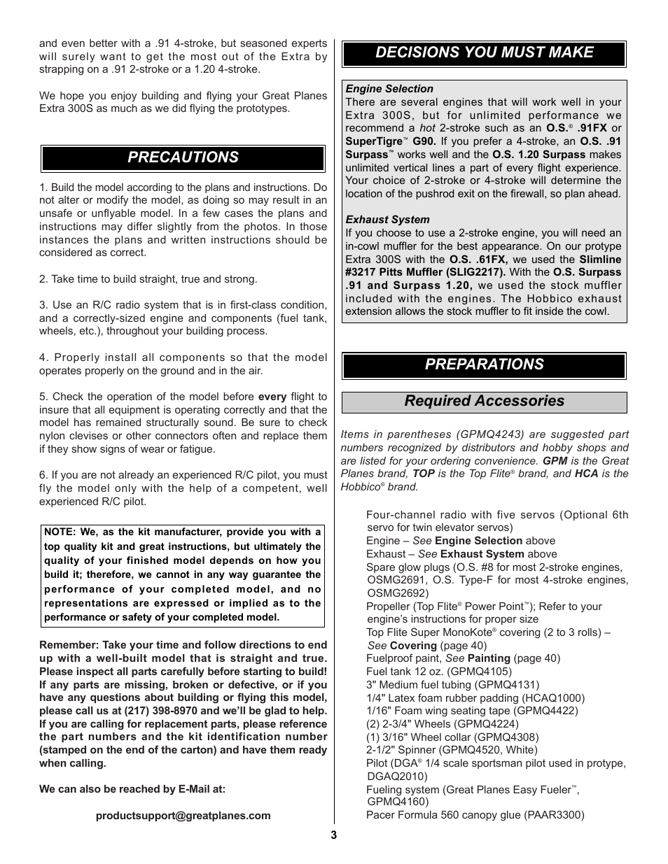 Required accessories preparations, Decisions you must make, Precautions | Great Planes Extra 300S 60 Kit - GPMA0236 User Manual | Page 3 / 50