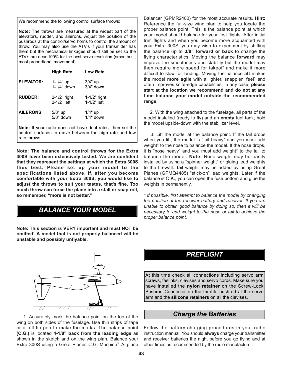 Charge the batteries, Preflight, Balance your model | Great Planes Extra 300S 60 Kit - GPMA0236 User Manual | Page 43 / 50