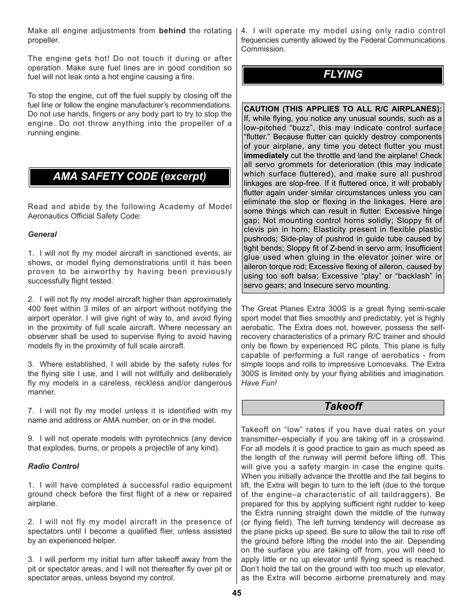 Takeoff, Flying ama safety code (excerpt) | Great Planes Extra 300S 60 Kit - GPMA0236 User Manual | Page 45 / 50