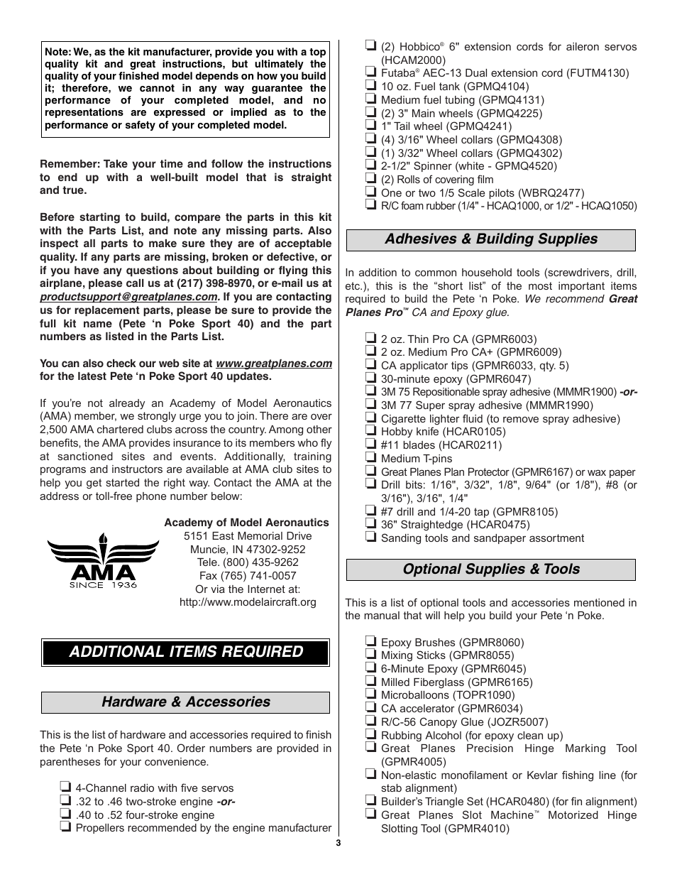 Additional items required | Great Planes Pete 'n Poke 40 Kit - GPMA0493 User Manual | Page 3 / 46
