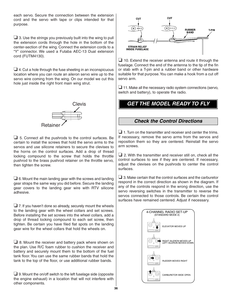 Get the model ready to fly, Check the control directions, Retainer clevis | Great Planes Pete 'n Poke 40 Kit - GPMA0493 User Manual | Page 36 / 46