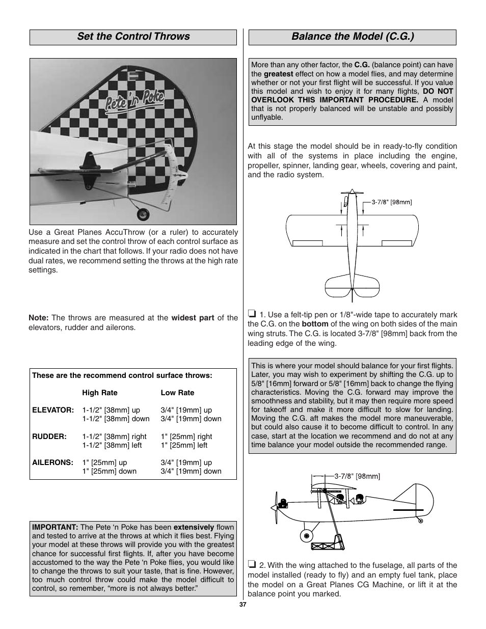 Balance the model (c.g.), Set the control throws | Great Planes Pete 'n Poke 40 Kit - GPMA0493 User Manual | Page 37 / 46