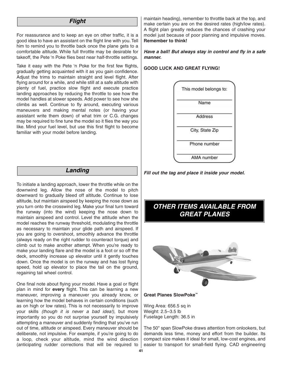 Other items available from great planes, Landing flight | Great Planes Pete 'n Poke 40 Kit - GPMA0493 User Manual | Page 41 / 46