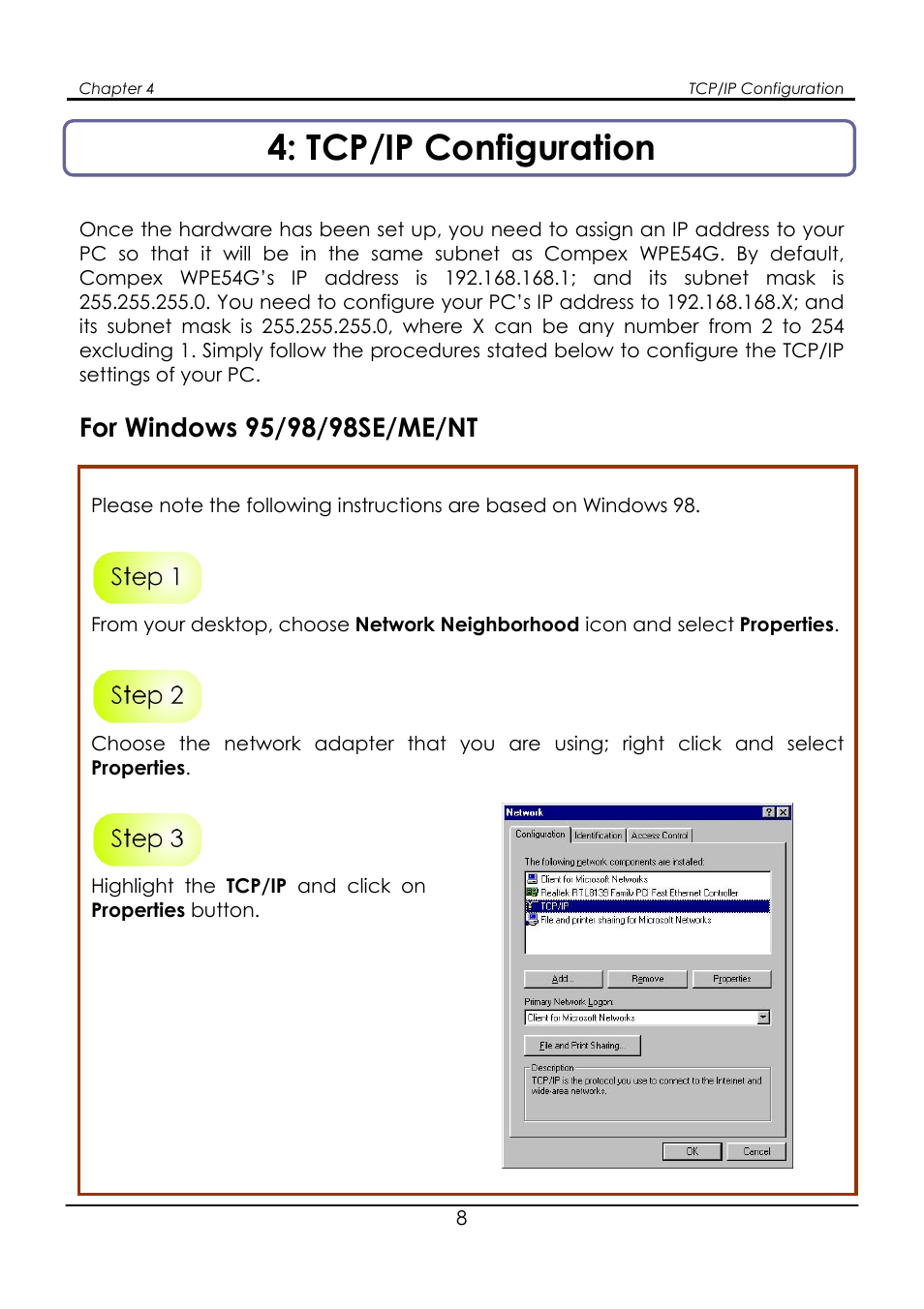Chapter 4: tcp/ip configuration, For windows 95/98/98se/me/nt, Tcp/ip configuration | Compex Systems WPE54G User Manual | Page 10 / 22