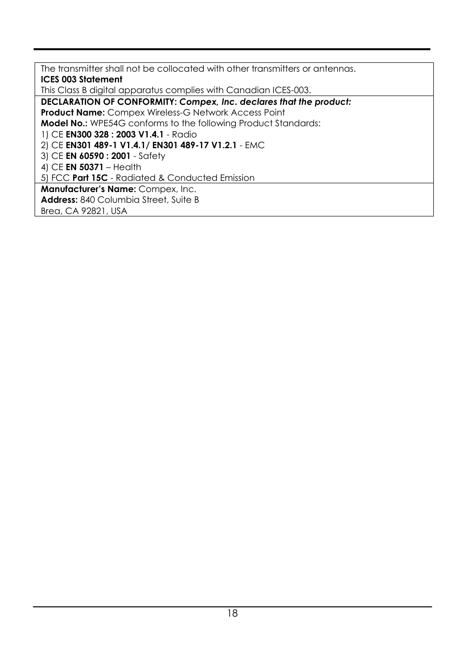 Radio 2) ce, Emc 3) ce, Safety 4) ce | Health 5) fcc, Part 15c, Radiated & conducted emission | Compex Systems WPE54G User Manual | Page 20 / 22