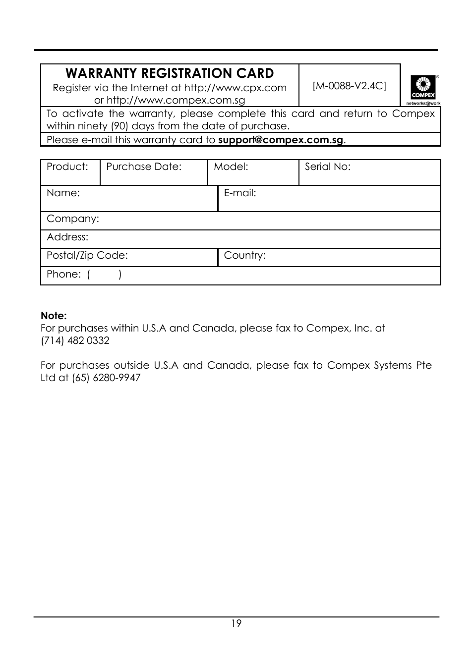 Warranty registration card | Compex Systems WPE54G User Manual | Page 21 / 22