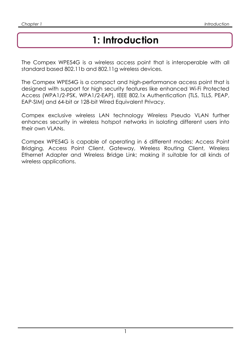 Chapter 1: introduction, Introduction | Compex Systems WPE54G User Manual | Page 3 / 22