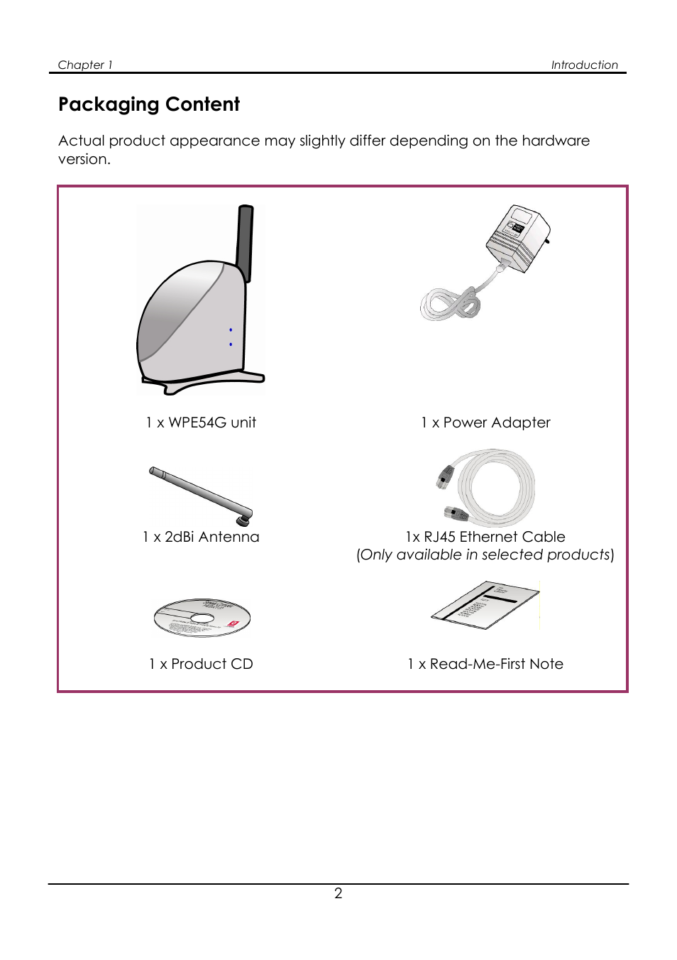 Packaging content | Compex Systems WPE54G User Manual | Page 4 / 22