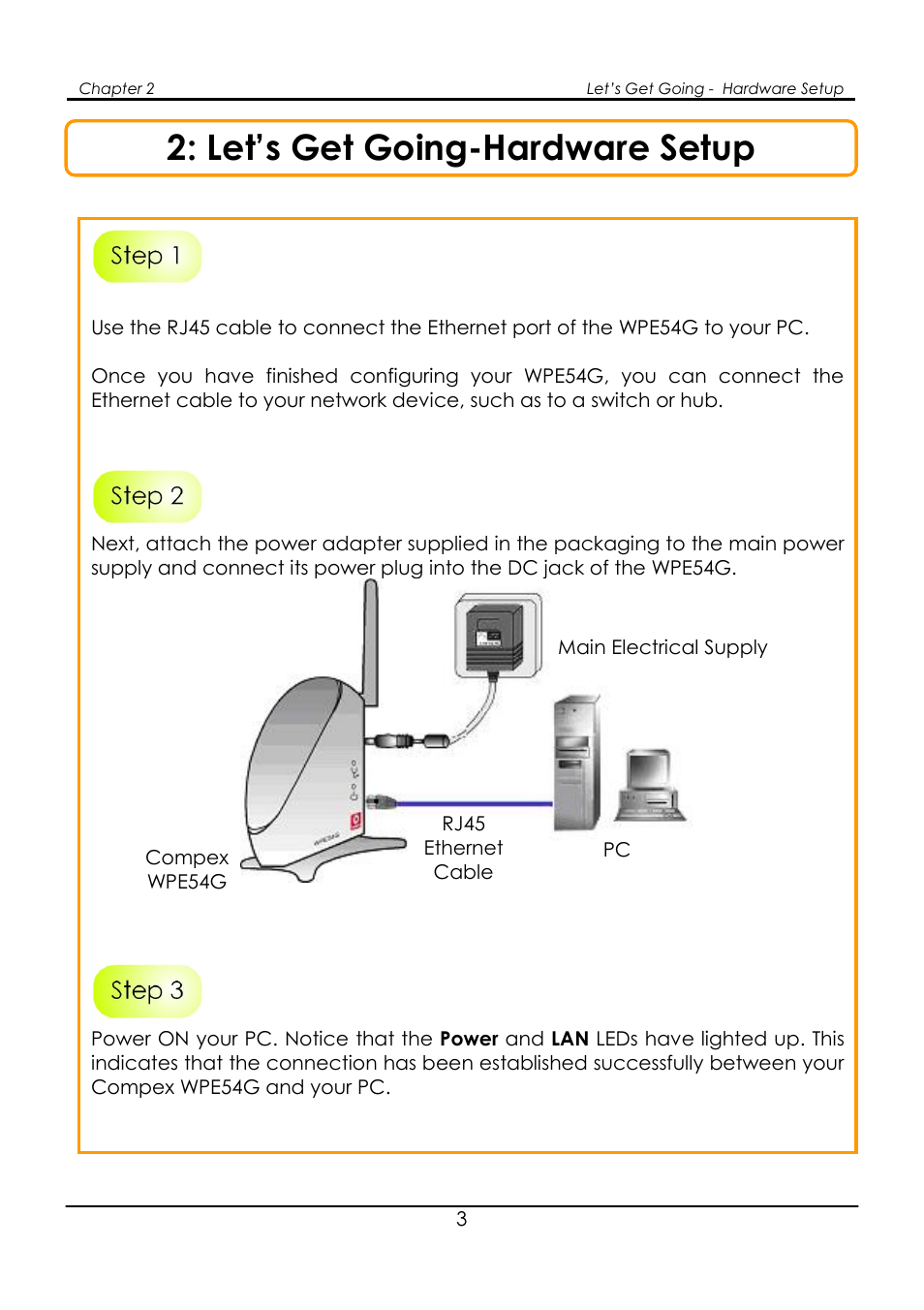Chapter 2: let’s get going-hardware setup, Let’s get going-hardware setup | Compex Systems WPE54G User Manual | Page 5 / 22