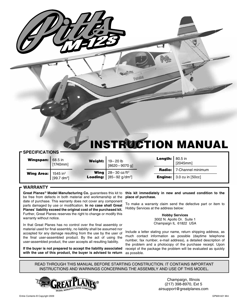 Great Planes 25% Pitts M-12S 50cc ARF - GPMA1421 User Manual | 40 pages