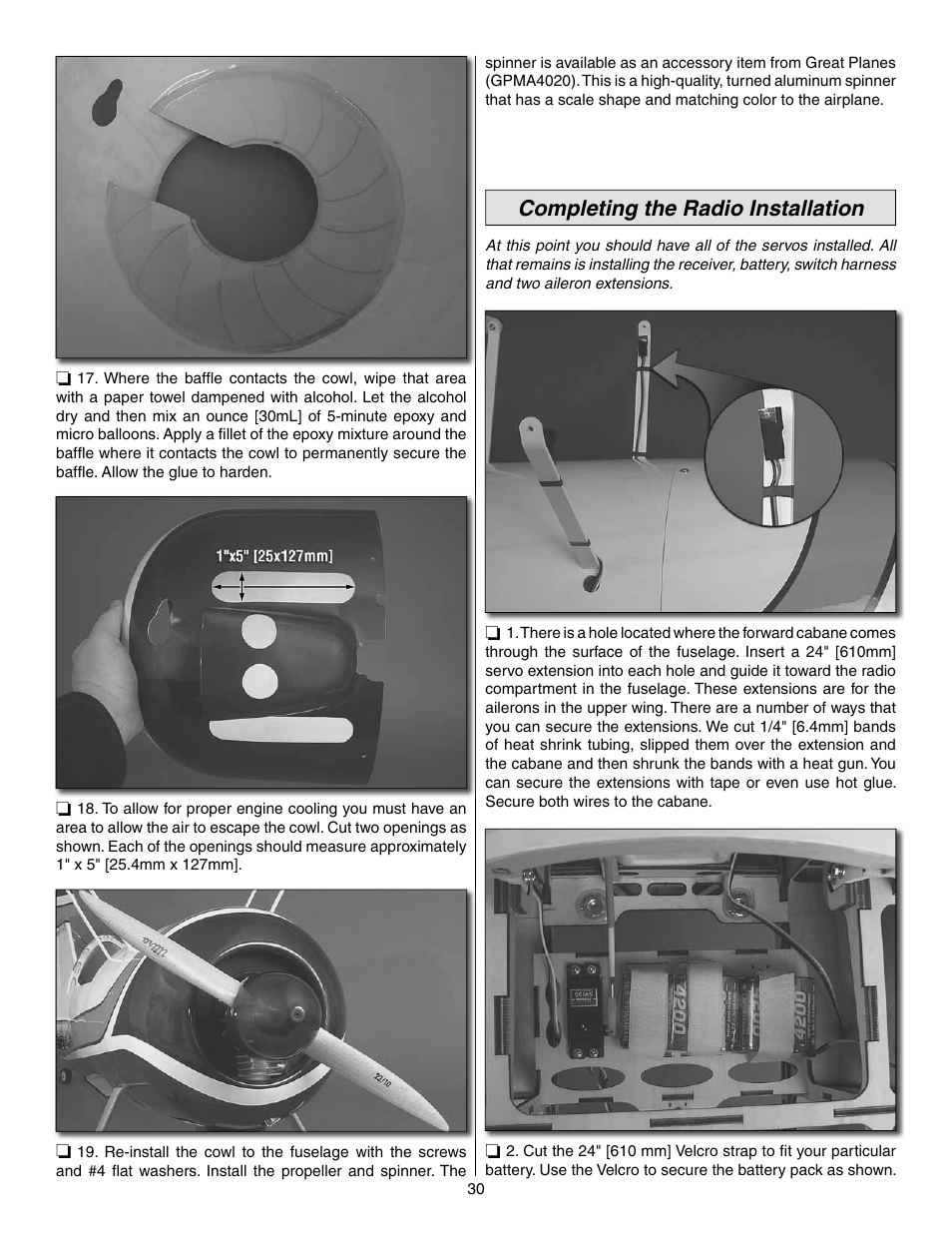 Completing the radio installation | Great Planes 25% Pitts M-12S 50cc ARF - GPMA1421 User Manual | Page 30 / 40
