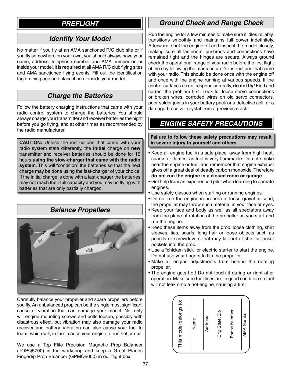 Preflight identify your model, Charge the batteries, Balance propellers | Ground check and range check, Engine safety precautions | Great Planes 25% Pitts M-12S 50cc ARF - GPMA1421 User Manual | Page 37 / 40